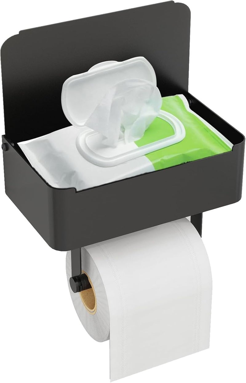 JUYSON Toilet Paper Holder with Shelf, Flushable Wipes Dispenser Fits for Bathroom Wipe Storage, Keep Your Wipes Hidden Out of Sight - SUS304 Stainless Steel Wall Mount Organizer (Matte Black) - Image 1